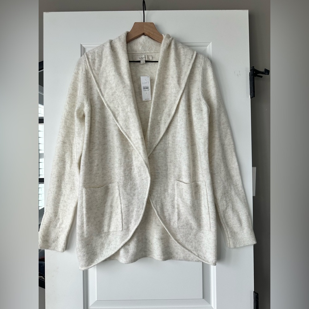 LOFT Cream Shawl-Collar Open Cardigan with Pockets